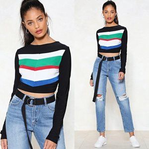 NASTYGAL You Better Get It Hun Striped Sweater Chevron Cropped Top 0